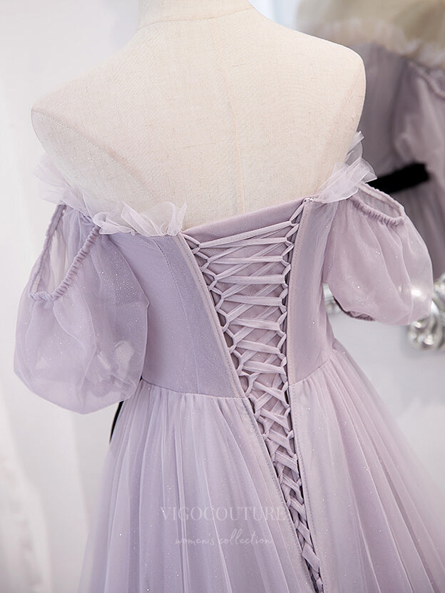 Prom Dress 2025 Lavender Off the Shoulder Tulle Puffed Sleeve Prom Dress 20900-unique elegant Prom Dresses-Lavender-Custom Size-vigocouture