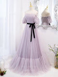 Prom Dress 2025 Lavender Off the Shoulder Tulle Puffed Sleeve Prom Dress 20900-unique elegant Prom Dresses-Lavender-Custom Size-vigocouture