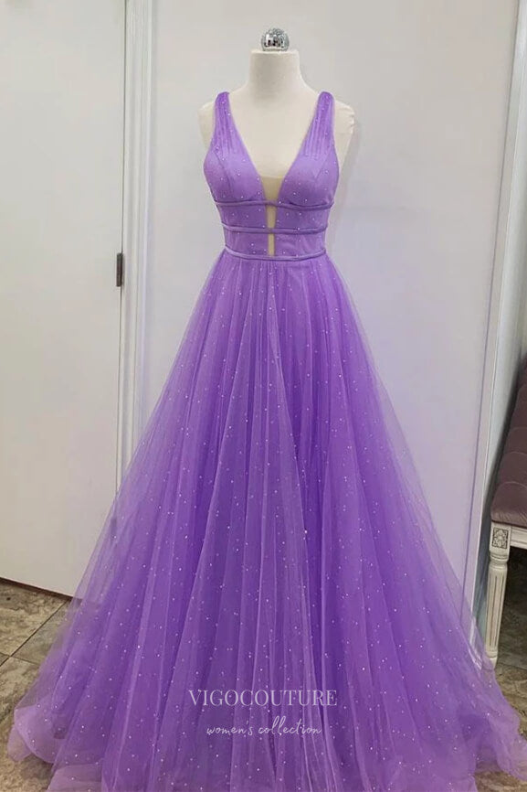 Prom Dress 2025 Lavender Plunging V-Neck Prom Dresses Sparkly Tulle Evening Dress 21781-unique elegant Prom Dresses-Lavender-US2-vigocouture