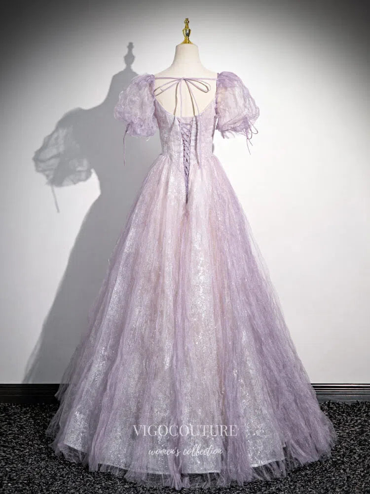 Prom Dress 2025 Lavender Puffed Sleeve Prom Dresses Wrinkled Tulle Beaded Lace Formal Dress 25073-unique elegant Prom Dresses-Lavender-Custom Size-vigocouture