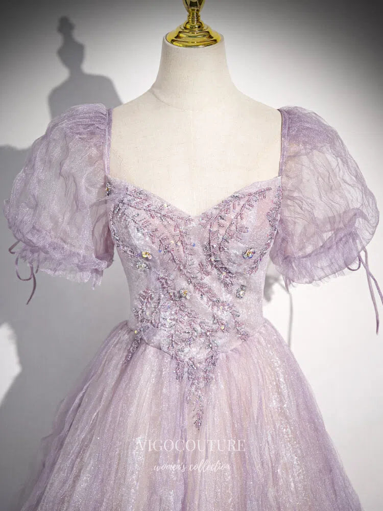 Prom Dress 2025 Lavender Puffed Sleeve Prom Dresses Wrinkled Tulle Beaded Lace Formal Dress 25073-unique elegant Prom Dresses-Lavender-Custom Size-vigocouture