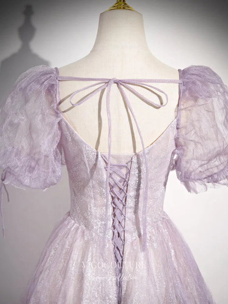 Prom Dress 2025 Lavender Puffed Sleeve Prom Dresses Wrinkled Tulle Beaded Lace Formal Dress 25073-unique elegant Prom Dresses-Lavender-Custom Size-vigocouture