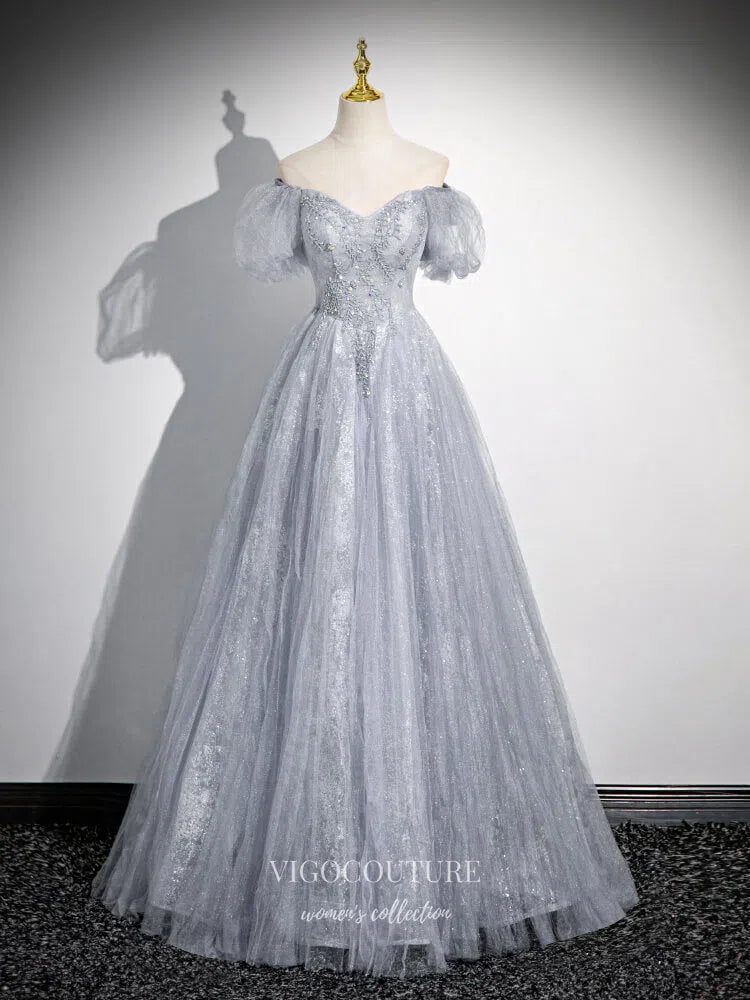 Prom Dress 2025 Lavender Puffed Sleeve Prom Dresses Wrinkled Tulle Beaded Lace Formal Dress 25073-unique elegant Prom Dresses-Lavender-Custom Size-vigocouture