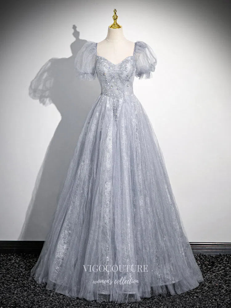 Prom Dress 2025 Lavender Puffed Sleeve Prom Dresses Wrinkled Tulle Beaded Lace Formal Dress 25073-unique elegant Prom Dresses-Silver-Custom Size-vigocouture