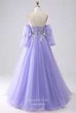 Prom Dress 2025 Lavender Removable Long Sleeve Prom Dresses Lace Applique Formal Gown 24538-unique elegant Prom Dresses-Lavender-Custom Size-vigocouture