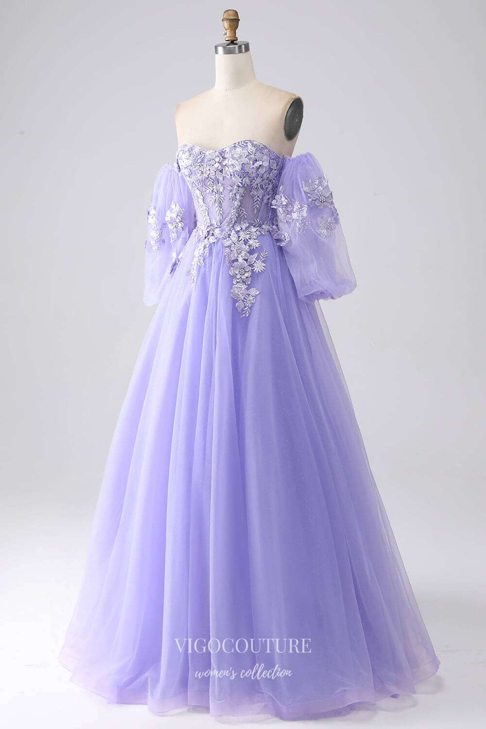 Lavender Removable Long Sleeve Prom Dresses Lace Applique Formal Gown 24538 Lavender / 18W