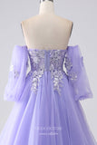 Prom Dress 2025 Lavender Removable Long Sleeve Prom Dresses Lace Applique Formal Gown 24538-unique elegant Prom Dresses-Lavender-Custom Size-vigocouture