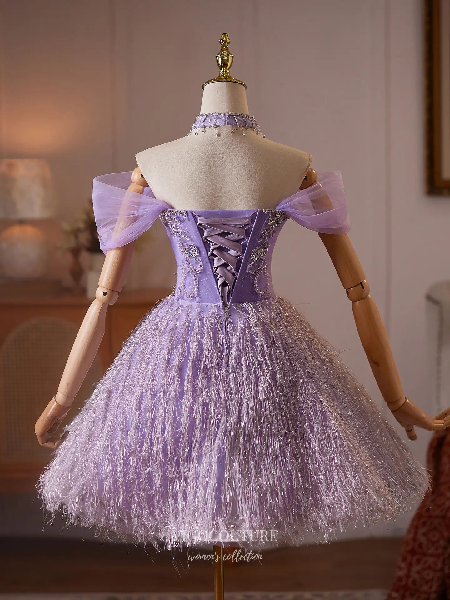 Prom Dresses 2025 to impress Lavender Rhinestone Beaded Homecoming Dress with Sparkly Fringe Skirt - HC514-vigocouture-vigocouture