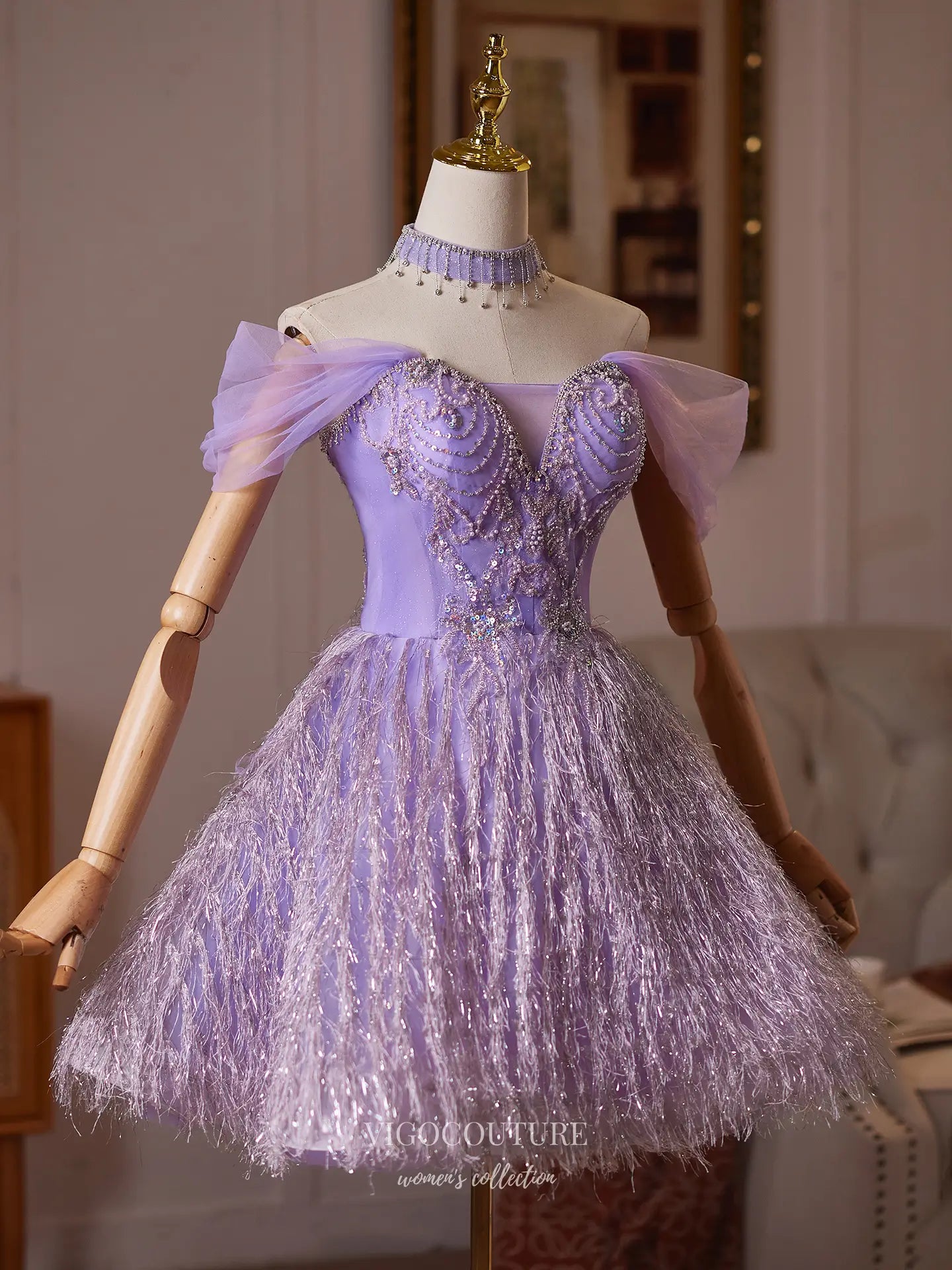 Prom Dresses 2025 to impress Lavender Rhinestone Beaded Homecoming Dress with Sparkly Fringe Skirt - HC514-vigocouture-vigocouture