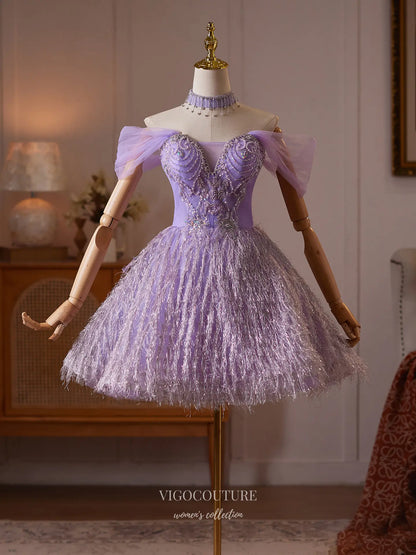 Prom Dresses 2025 to impress Lavender Rhinestone Beaded Homecoming Dress with Sparkly Fringe Skirt - HC514-vigocouture-vigocouture