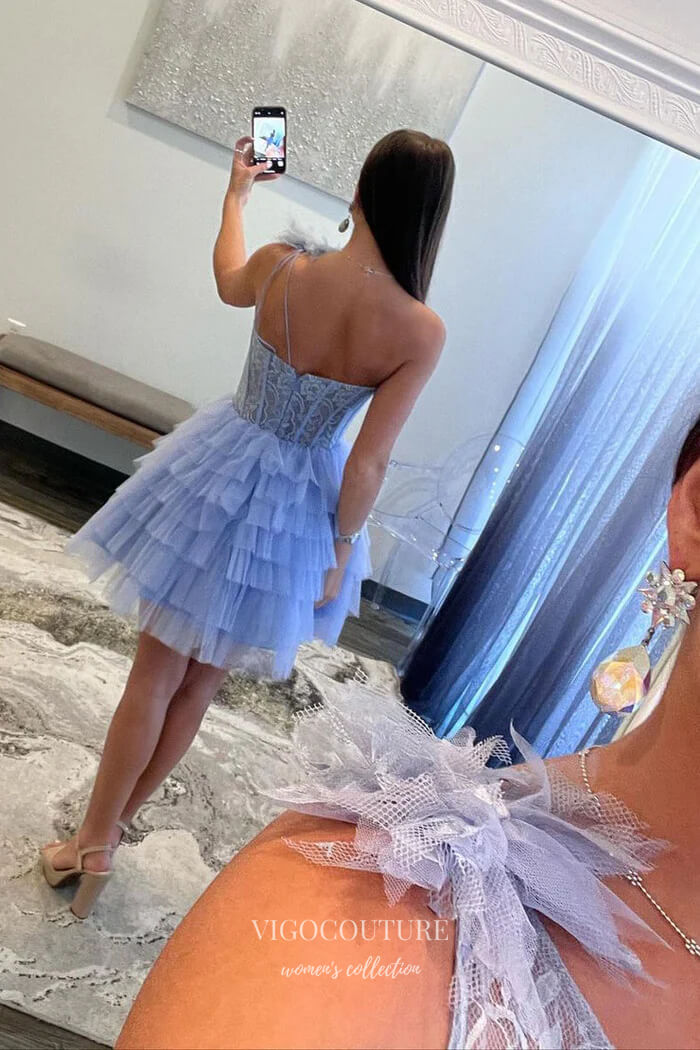 Short Prom Dresses 2025 Lavender Ruffled One Shoulder Homecoming Dresses Lace Applique Graduation Dress hc424-Prom Dresses-vigocouture-vigocouture