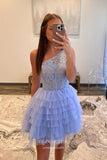 Short Prom Dresses 2025 Lavender Ruffled One Shoulder Homecoming Dresses Lace Applique Graduation Dress hc424-Prom Dresses-vigocouture-vigocouture