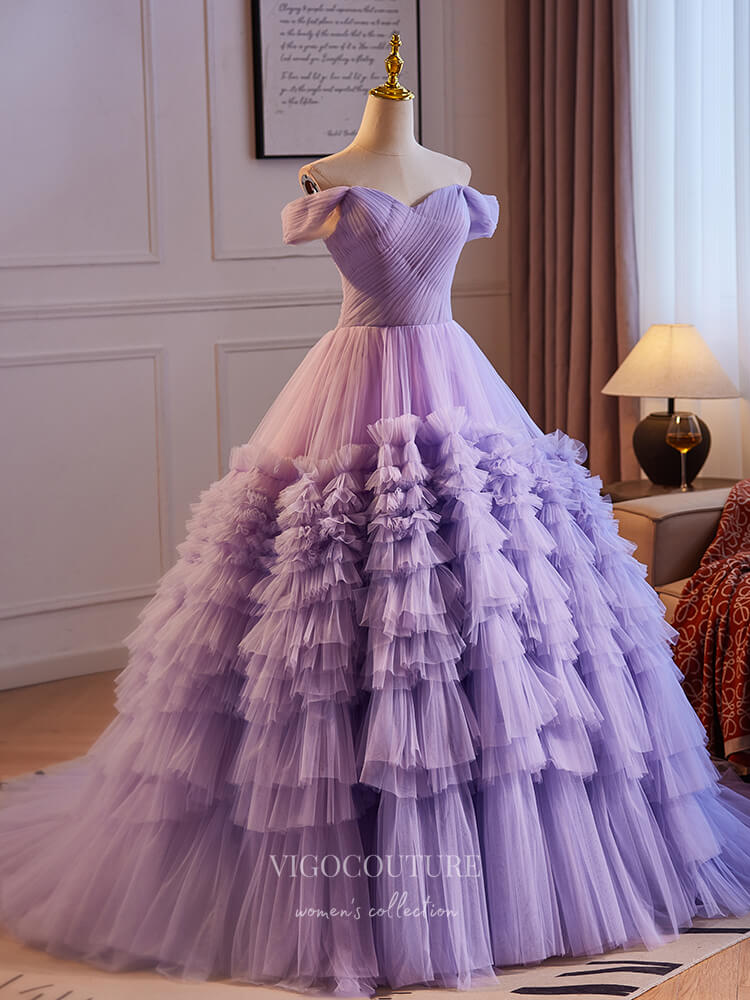 Lavender Ruffled Tiered Prom Dresses Off the Shoulder Quinceanera Dress 24381 Lavender Ruffled Tiered Prom Dresses Off the Shoulder Quinceanera Dress 24381