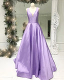 Prom Dress 2025 Lavender Satin Prom Dresses V-Neck Formal Gown 20374-unique elegant Prom Dresses-Lavender-Custom Size-vigocouture