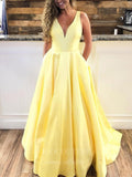 Prom Dress 2025 Lavender Satin Prom Dresses V-Neck Formal Gown 20374-unique elegant Prom Dresses-Yellow-Custom Size-vigocouture