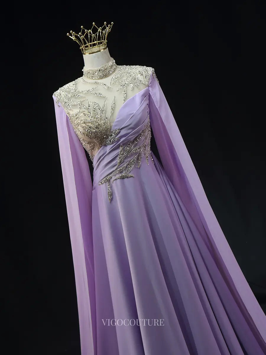 Lavender Satin Prom Dresses with Cape Sleeve, Beaded Lace, High Neck, Pageant Dresses SU060 - Custom Colors / US2 Lavender Satin Prom Dresses with Cape Sleeve, Beaded Lace, High Neck, Pageant Dresses SU060 - Custom Colors / US2