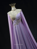 Prom Dresses 2025 to impress Lavender Satin Prom Dresses with Cape Sleeve, Beaded Lace, High Neck, Pageant Dresses SU060-vigocouture-vigocouture