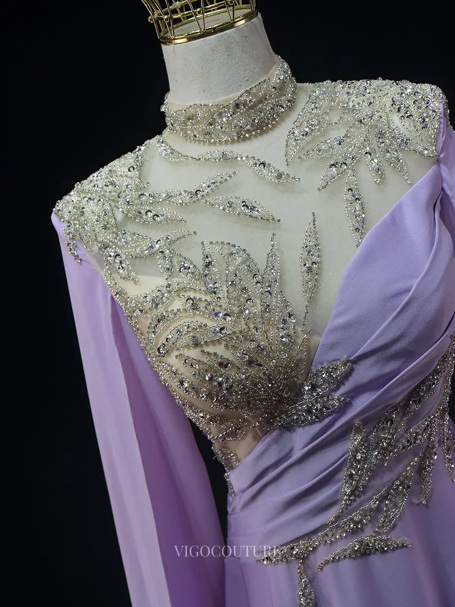 Lavender Satin Prom Dresses with Cape Sleeve, Beaded Lace, High Neck, Pageant Dresses SU060 - Custom Colors / US2 Lavender Satin Prom Dresses with Cape Sleeve, Beaded Lace, High Neck, Pageant Dresses SU060 - Custom Colors / US2