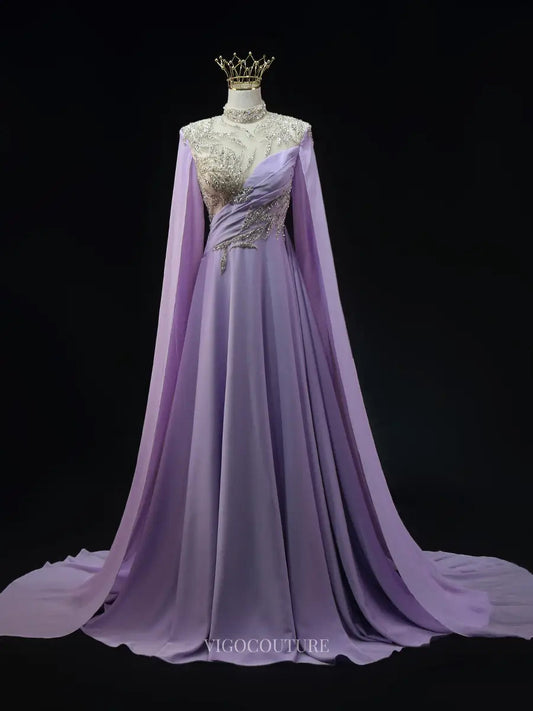 Prom Dresses 2025 to impress Lavender Satin Prom Dresses with Cape Sleeve, Beaded Lace, High Neck, Pageant Dresses SU060-vigocouture-Lavender-Custom Size-vigocouture