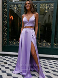 Lavender Satin Prom Dresses with Slit Two Pieces Evening Dress 20378