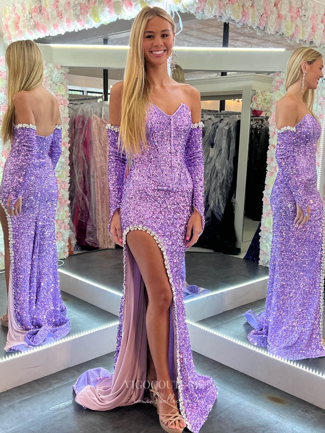 Lavender Sequin Mermaid Cheap Prom Dresses with Slit Removable Sleeve –  vigocouture