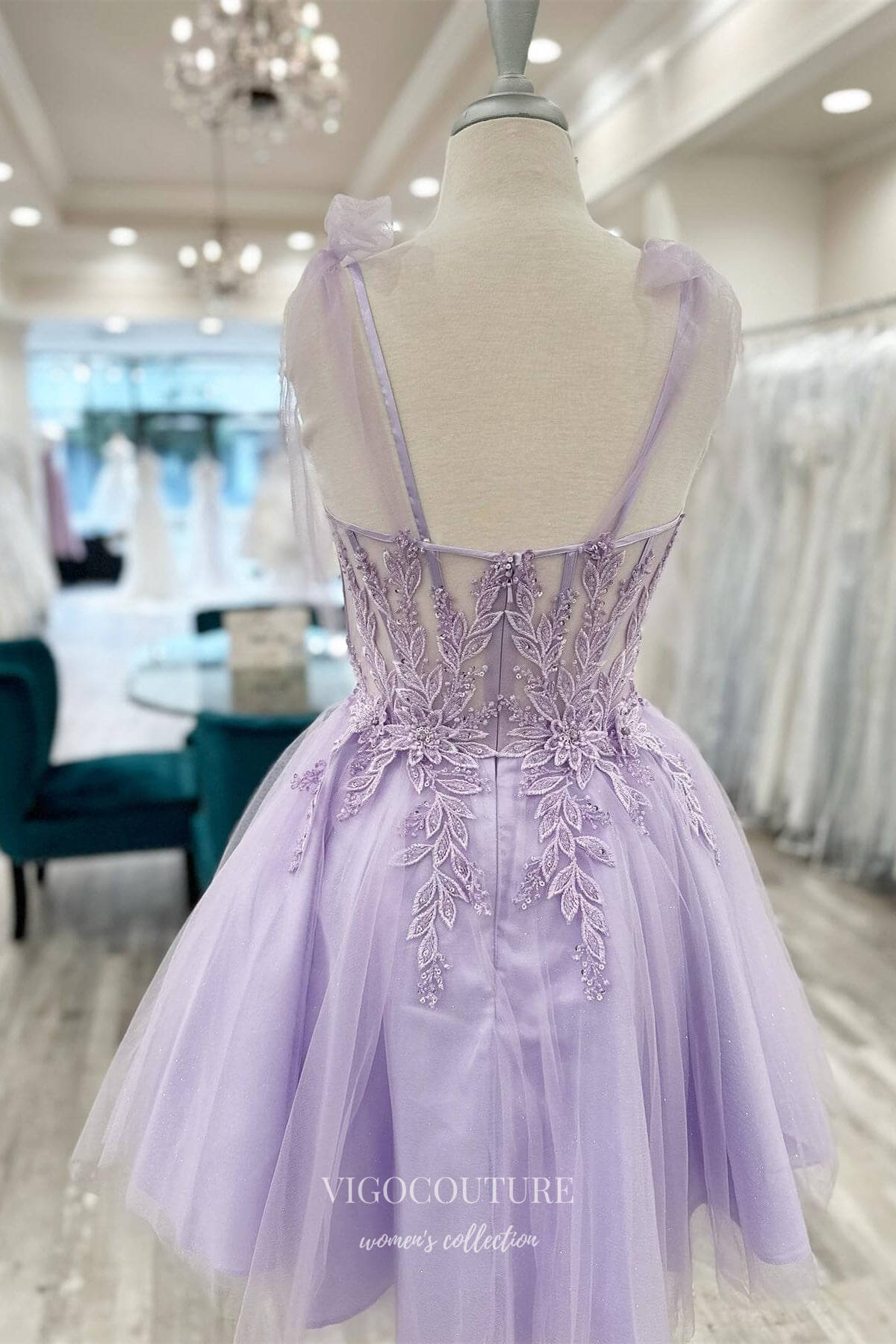 Short Prom Dresses 2025 Lavender Sheer Lace Applique Homecoming Dresses Spaghetti Strap Graduation Dress hc432-Prom Dresses-vigocouture-vigocouture