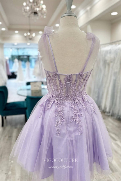 Short Prom Dresses 2025 Lavender Sheer Lace Applique Homecoming Dresses Spaghetti Strap Graduation Dress hc432-Prom Dresses-vigocouture-vigocouture