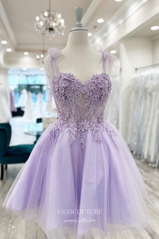 Short Prom Dresses 2025 Lavender Sheer Lace Applique Homecoming Dresses Spaghetti Strap Graduation Dress hc432-Prom Dresses-vigocouture-Lavender-Custom Size-vigocouture