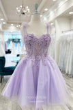 Lavender Sheer Lace Applique Homecoming Dresses Spaghetti Strap Graduation Dress hc432