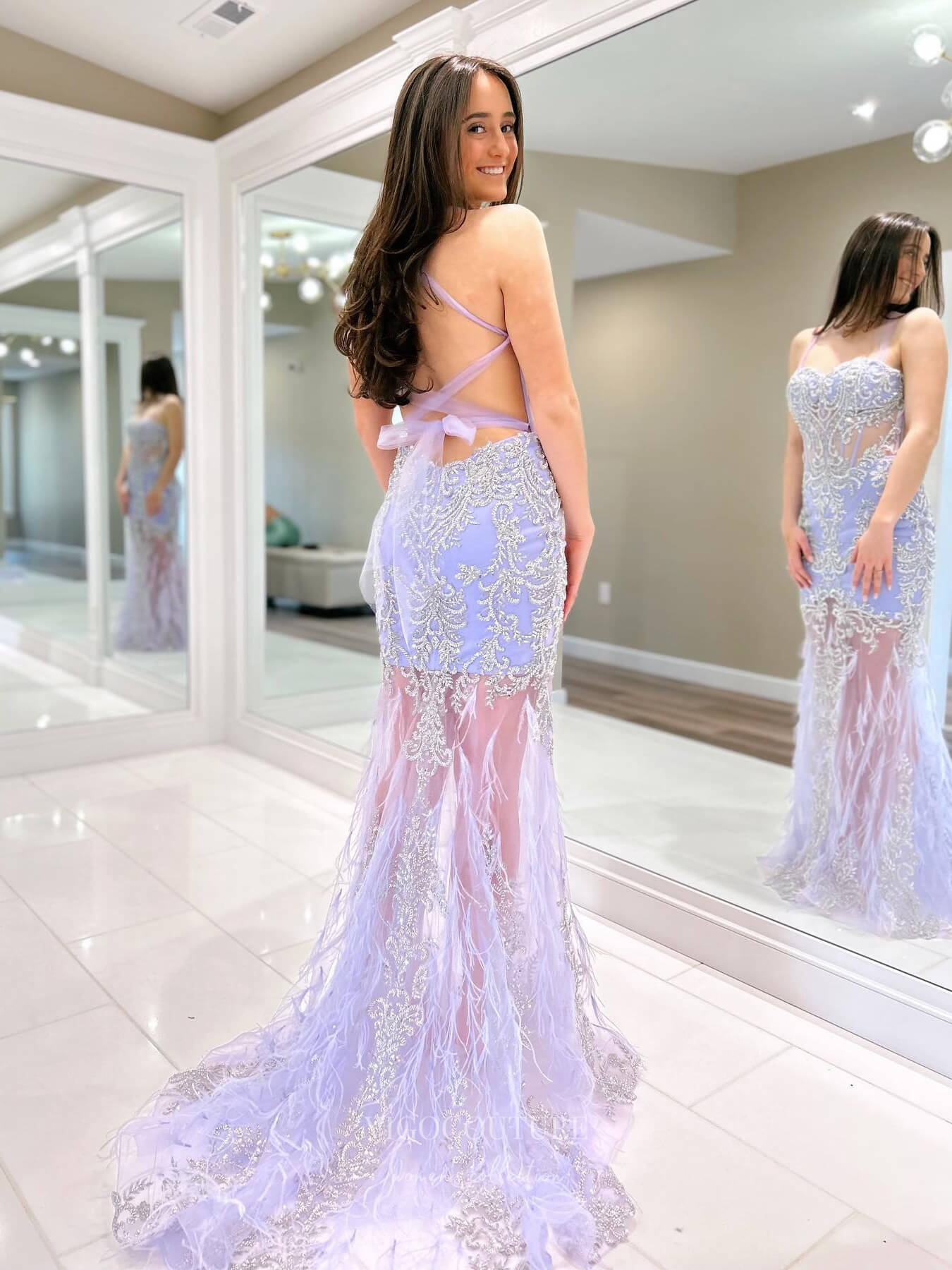 Prom Dress 2025 Lavender Sheer Lace Applique Prom Dresses Feather Spaghetti Strap 24090-unique elegant Prom Dresses-Lavender-Custom Size-vigocouture