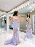 Prom Dress 2025 Lavender Sheer Lace Applique Prom Dresses Feather Spaghetti Strap 24090-unique elegant Prom Dresses-Lavender-Custom Size-vigocouture