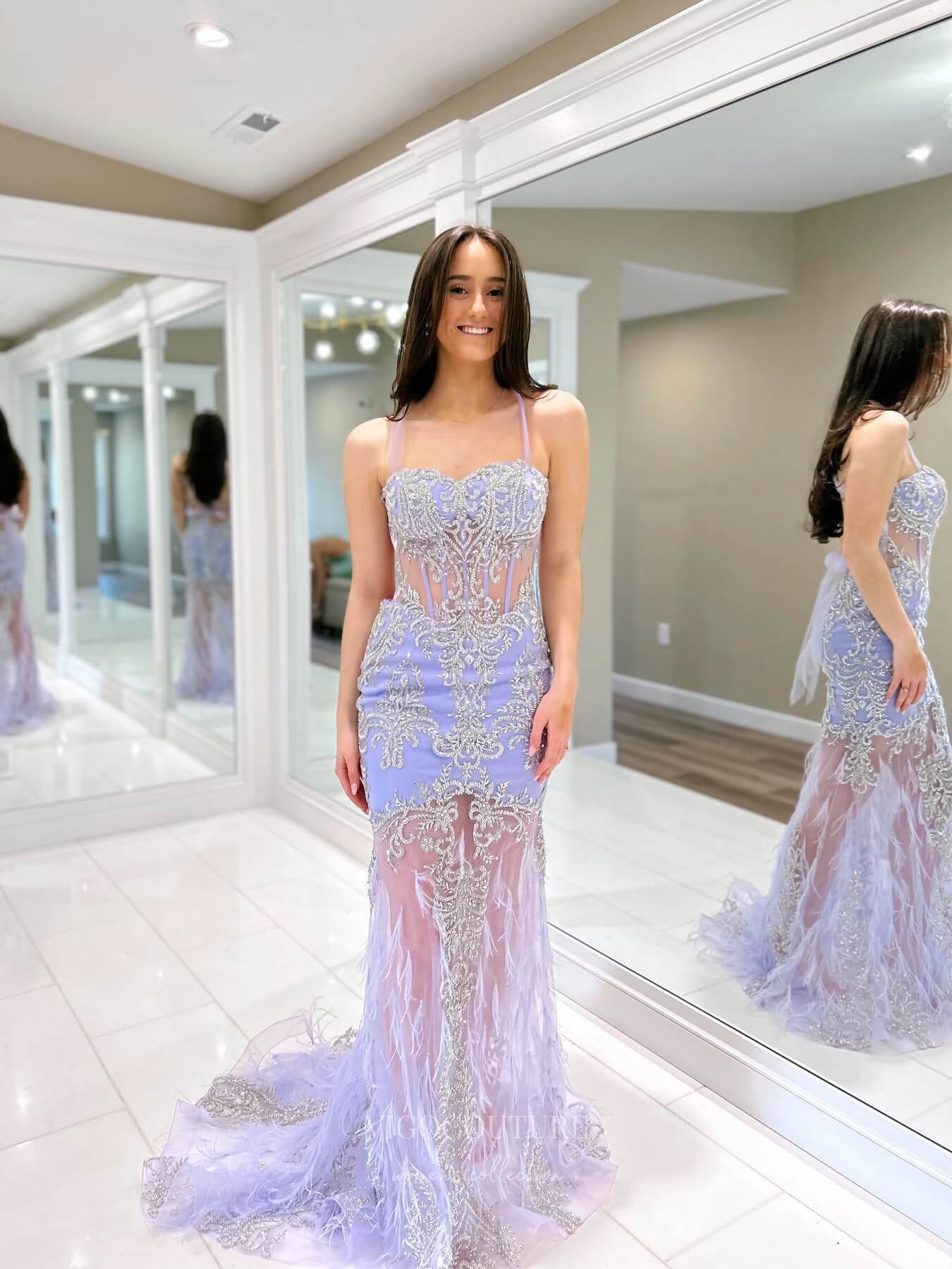 Prom Dress 2025 Lavender Sheer Lace Applique Prom Dresses Feather Spaghetti Strap 24090-unique elegant Prom Dresses-Lavender-Custom Size-vigocouture