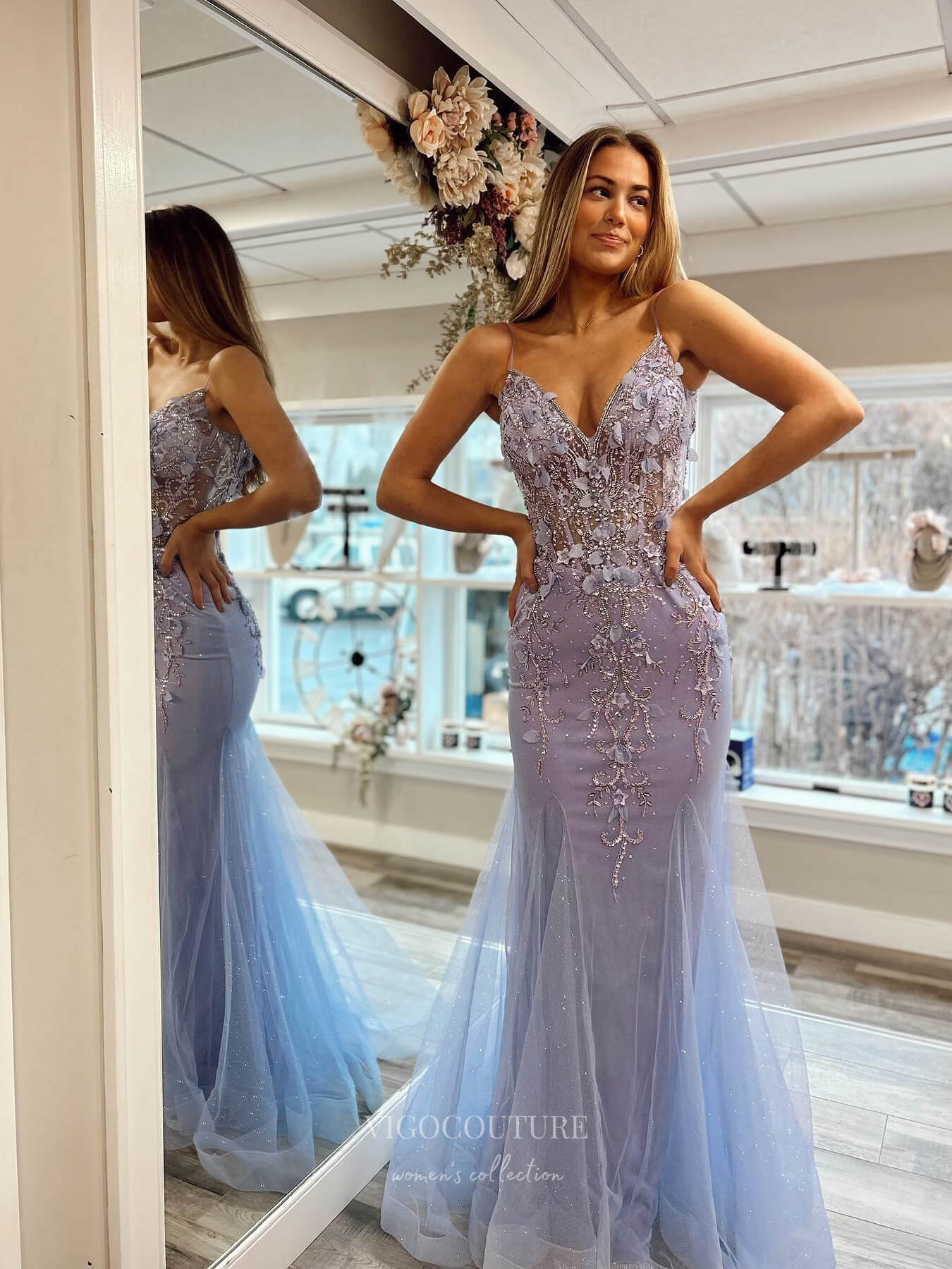 Prom Dress 2025 Lavender Sheer Mermaid Lace Applique Prom Dresses Spaghetti Strap Boned Bodice 24091-unique elegant Prom Dresses-Lavender-Custom Size-vigocouture