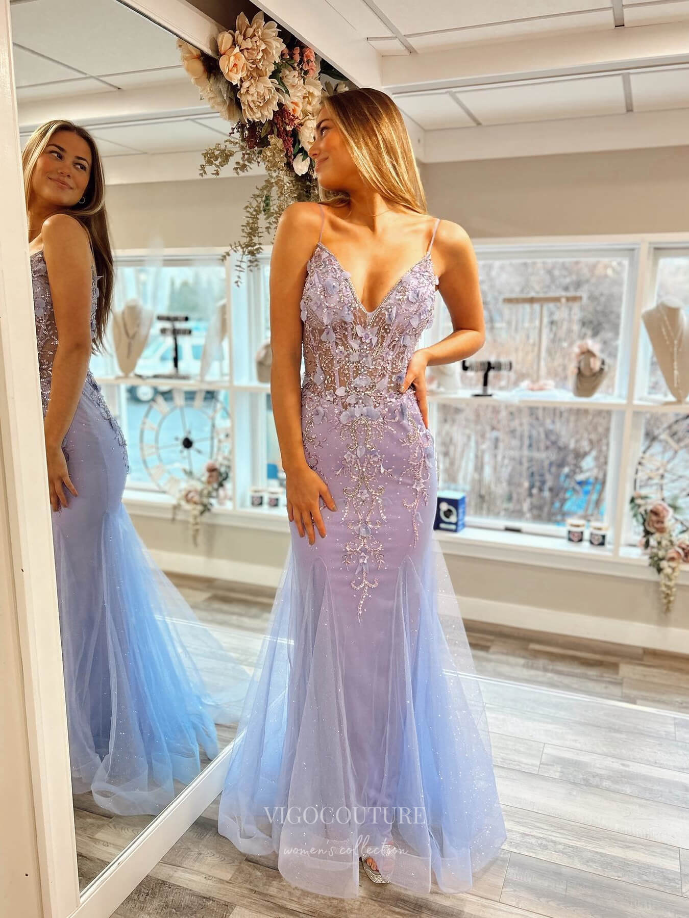 Prom Dress 2025 Lavender Sheer Mermaid Lace Applique Prom Dresses Spaghetti Strap Boned Bodice 24091-unique elegant Prom Dresses-Lavender-Custom Size-vigocouture