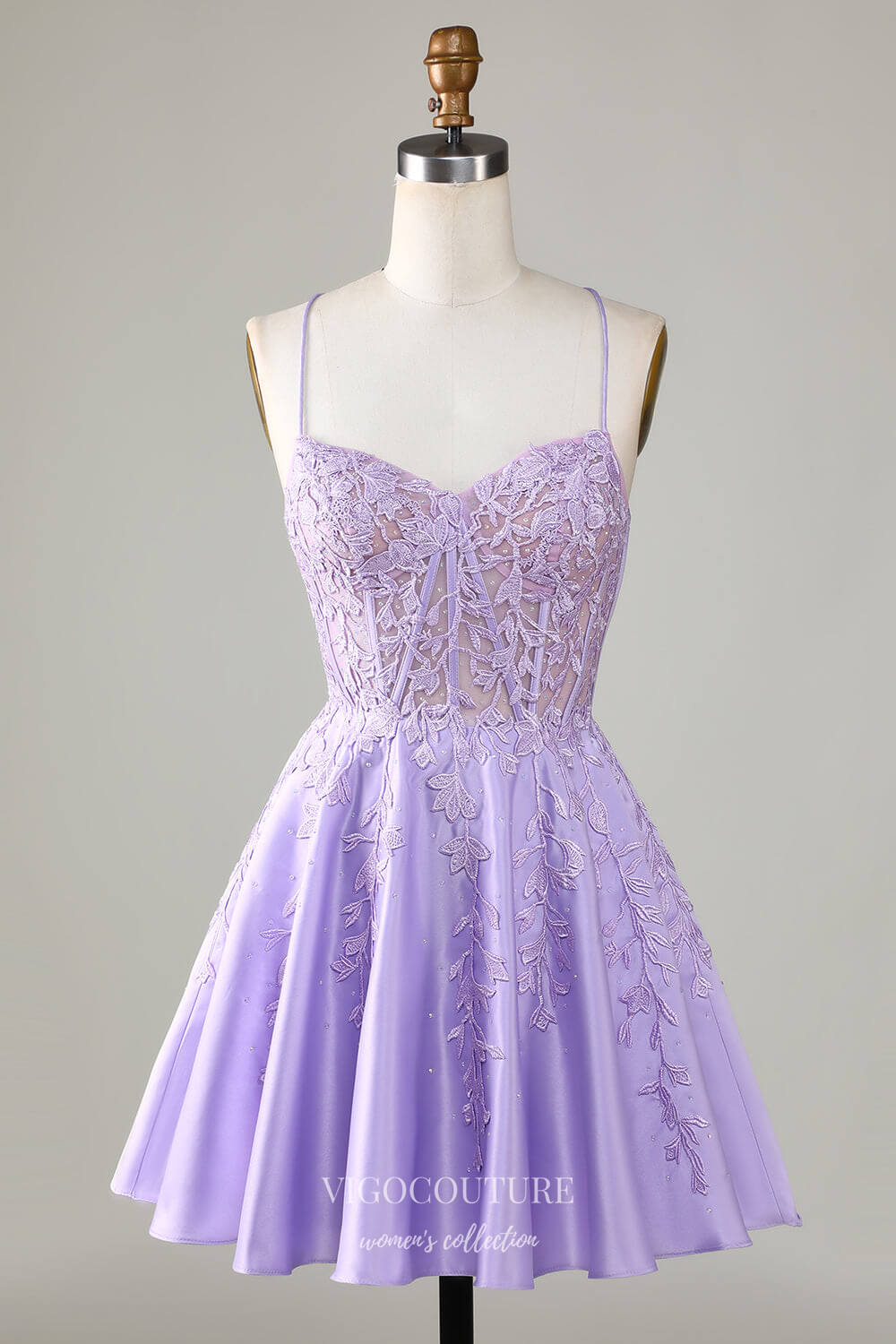 Short Prom Dresses 2025 Lavender Spaghetti Strap Homecoming Dresses Lace Applique Back to School Dress hc416-Prom Dresses-vigocouture-Lavender-Custom Size-vigocouture