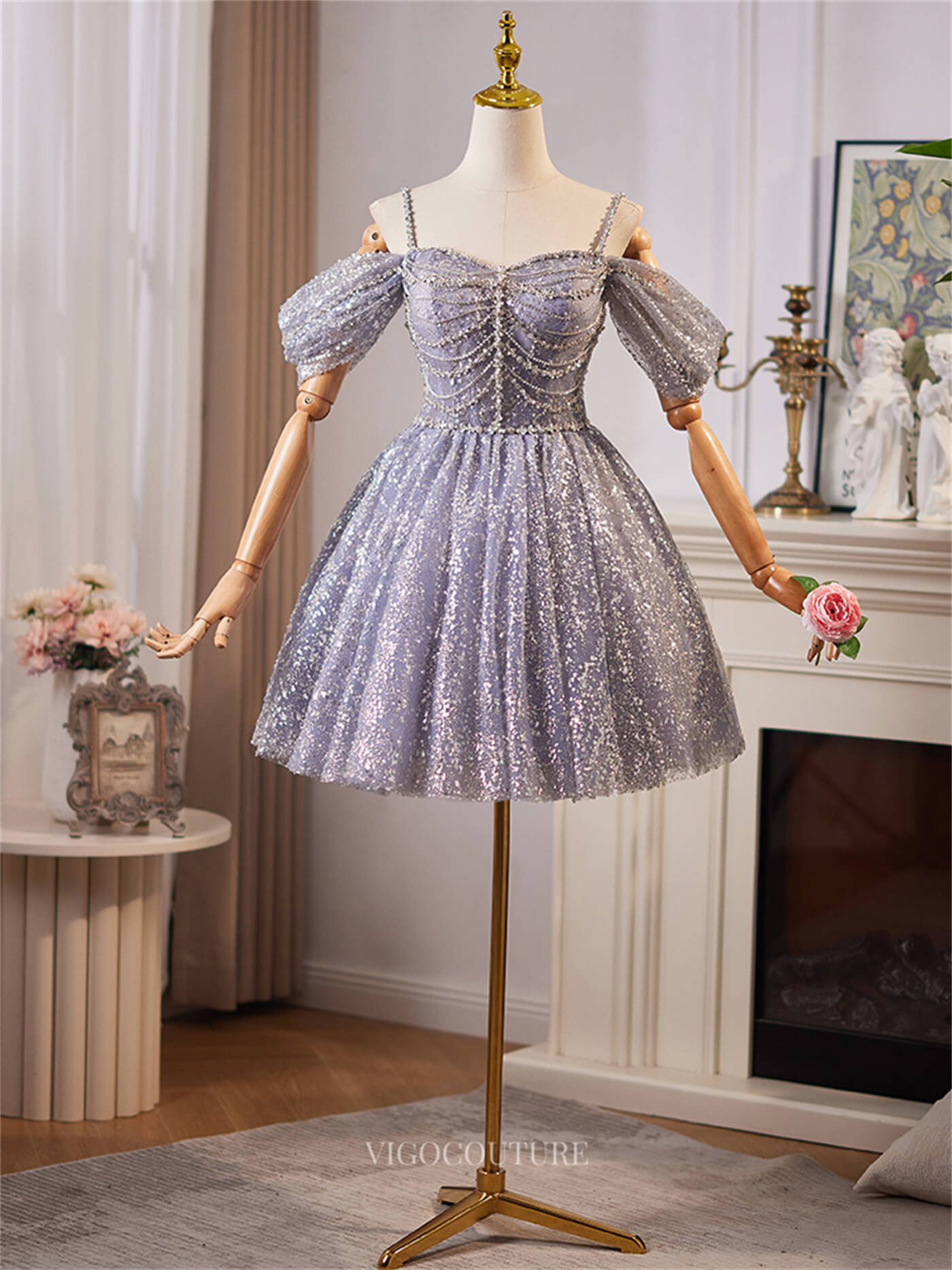 lavender short prom dress Lavender Sparkly Spaghetti Strap Homecoming Dresses Off the Shoulder Short Prom Dress hc471