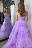 Prom Dress 2025 Lavender Sparkly Tiered Ruffled Prom Dresses Off the Shoulder Lace Applique 24335-unique elegant Prom Dresses-Lavender-Custom Size-vigocouture