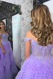 Prom Dress 2025 Lavender Sparkly Tiered Ruffled Prom Dresses Off the Shoulder Lace Applique 24335-unique elegant Prom Dresses-Lavender-Custom Size-vigocouture