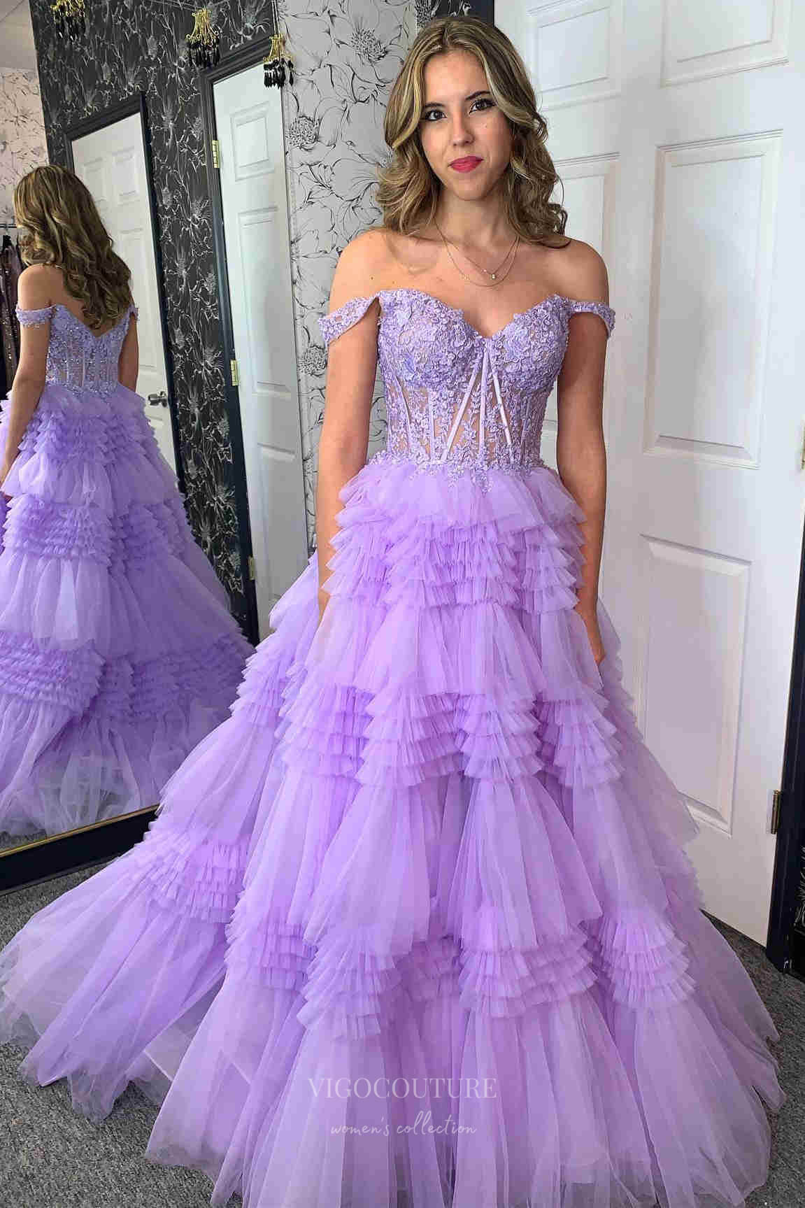 Lavender Sparkly Tiered Ruffled Prom Dresses Off the Shoulder Lace App – vigocouture