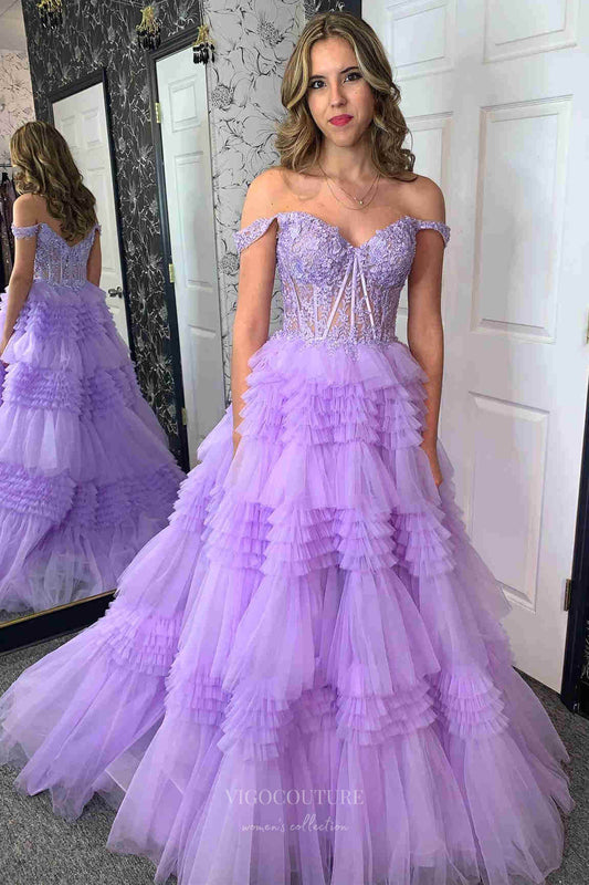 Prom Dress 2025 Lavender Sparkly Tiered Ruffled Prom Dresses Off the Shoulder Lace Applique 24335-unique elegant Prom Dresses-Lavender-Custom Size-vigocouture