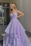 Prom Dress 2025 Lavender Sparkly Tulle Prom Dresses Spaghetti Strap Ruffled Formal Gown 20386-unique elegant Prom Dresses-Lavender-US2-vigocouture