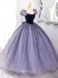 Prom Dresses 2025 to impress Lavender Sparkly Tulle Prom Dresses with Bow, Puffed Sleeve, Velvet Bodice, Quinceanera Dresses BG011-vigocouture-vigocouture