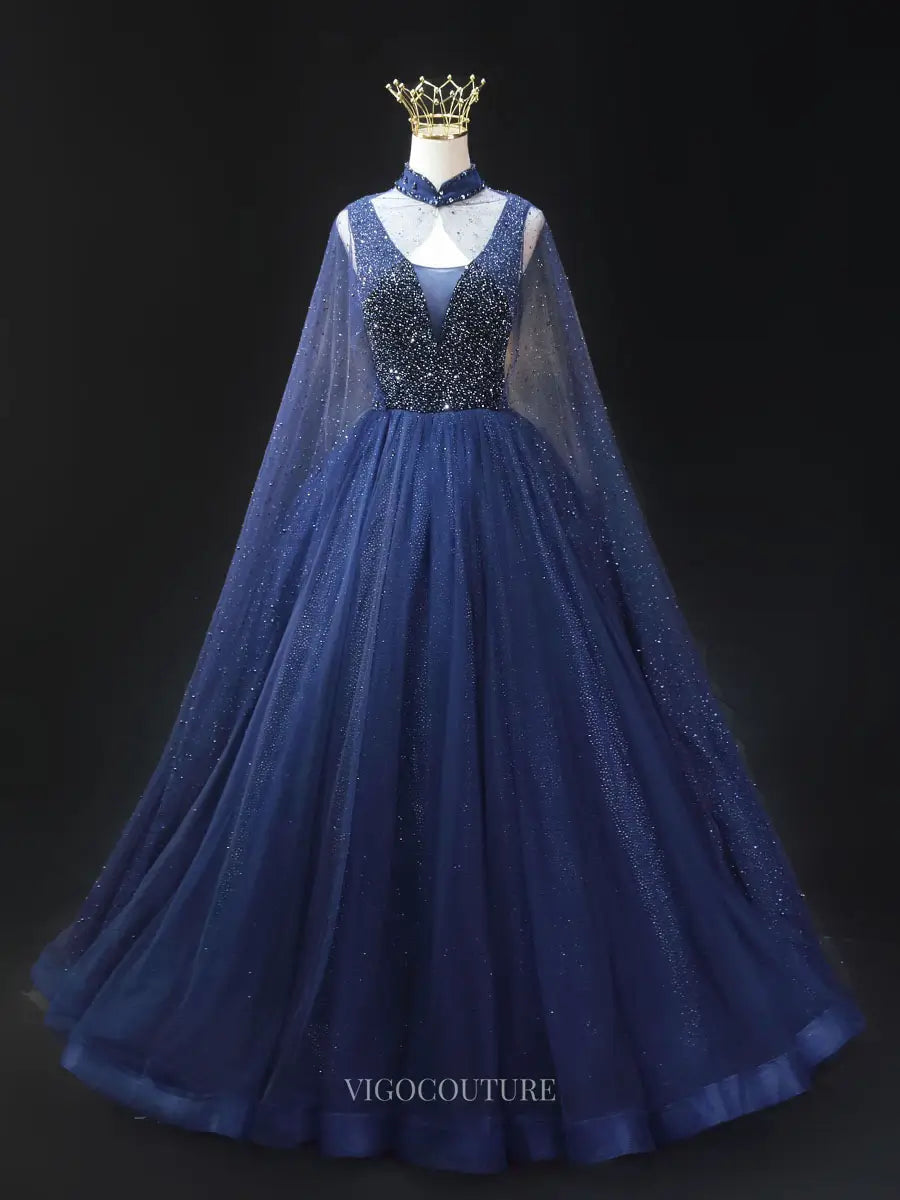 Prom Dresses 2025 to impress Lavender Sparkly Tulle Prom Dresses with Cape Sleeve, High Neck, Quinceanera Dresses SU020-vigocouture-Dark Blue-Custom Size-vigocouture