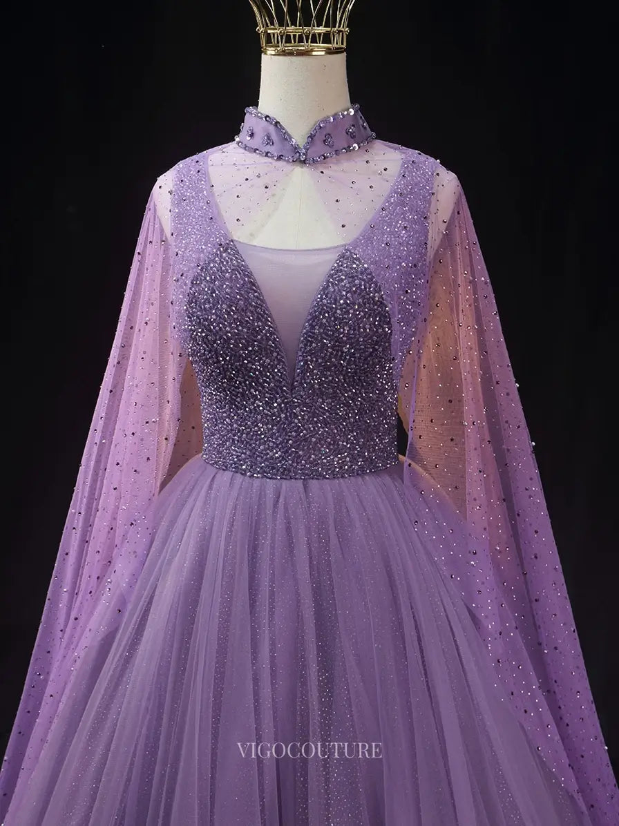 Prom Dresses 2025 to impress Lavender Sparkly Tulle Prom Dresses with Cape Sleeve, High Neck, Quinceanera Dresses SU020-vigocouture-vigocouture