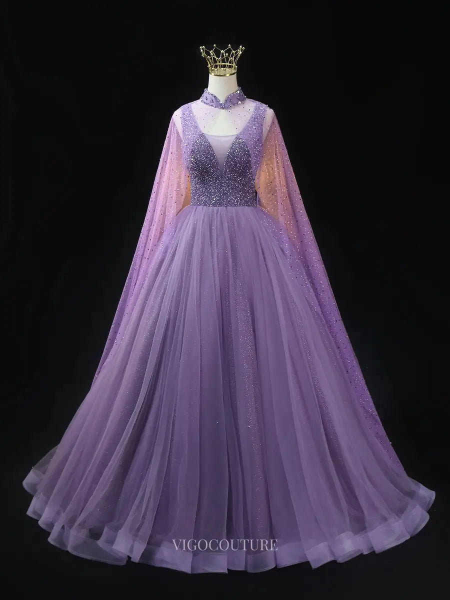 Prom Dresses 2025 to impress Lavender Sparkly Tulle Prom Dresses with Cape Sleeve, High Neck, Quinceanera Dresses SU020-vigocouture-Lavender-Custom Size-vigocouture