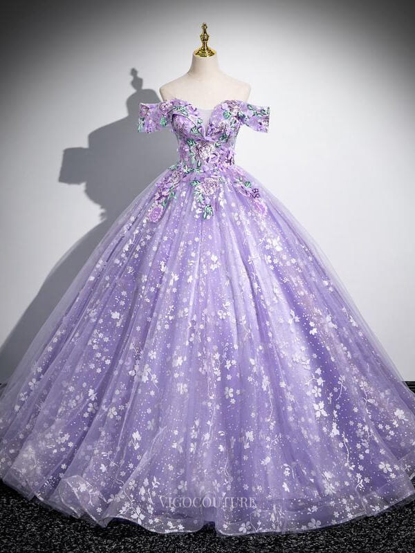 Prom Dresses 2025 to impress Lavender Sparkly Tulle Prom Dresses with Flower, Lace Applique, Quinceanera Dresses BG038-vigocouture-Lavender-Custom Size-vigocouture