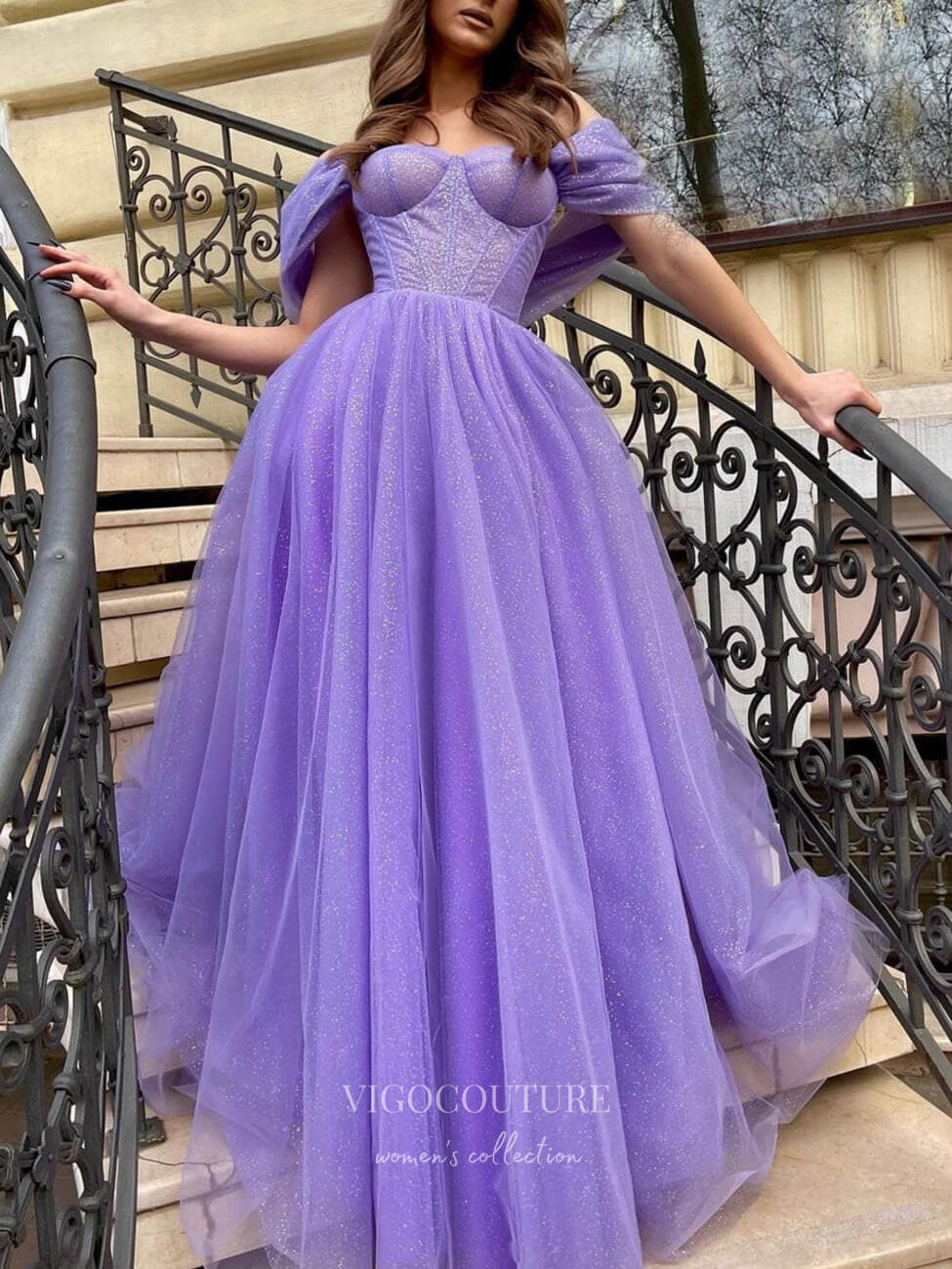 Lavender Sparkly Tulle Prom Dresses with Slit Off The Shoulder Formal Gown 21836 Custom Colors / 16W Lavender Sparkly Tulle Prom Dresses with Slit Off The Shoulder Formal Gown 21836 Custom Colors / 16W