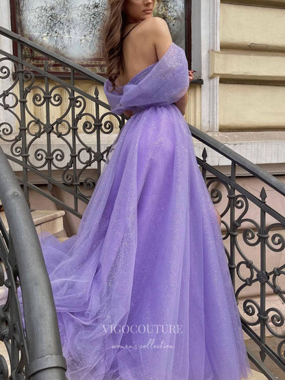 purple tulle dress Lavender Sparkly Tulle Prom Dresses With Slit Off the Shoulder Formal Gown 21836 Custom Colors / 16W