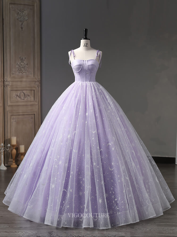 Prom Dresses 2025 to impress Lavender Starry Tulle Prom Dresses with Spaghetti Strap, Quinceanera Dresses BG058-vigocouture-Lavender-Custom Size-vigocouture