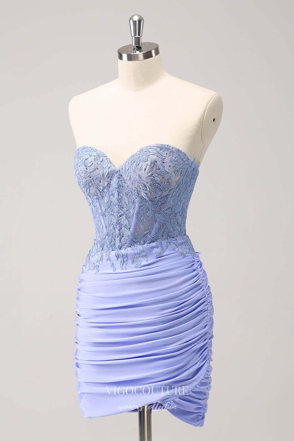 Lavender Strapless Lace Applique Homecoming Dresses Ruched Satin Bodycon Dress hc356 - Custom Colors / US0 Lavender Strapless Lace Applique Homecoming Dresses Ruched Satin Bodycon Dress hc356 - Custom Colors / US0